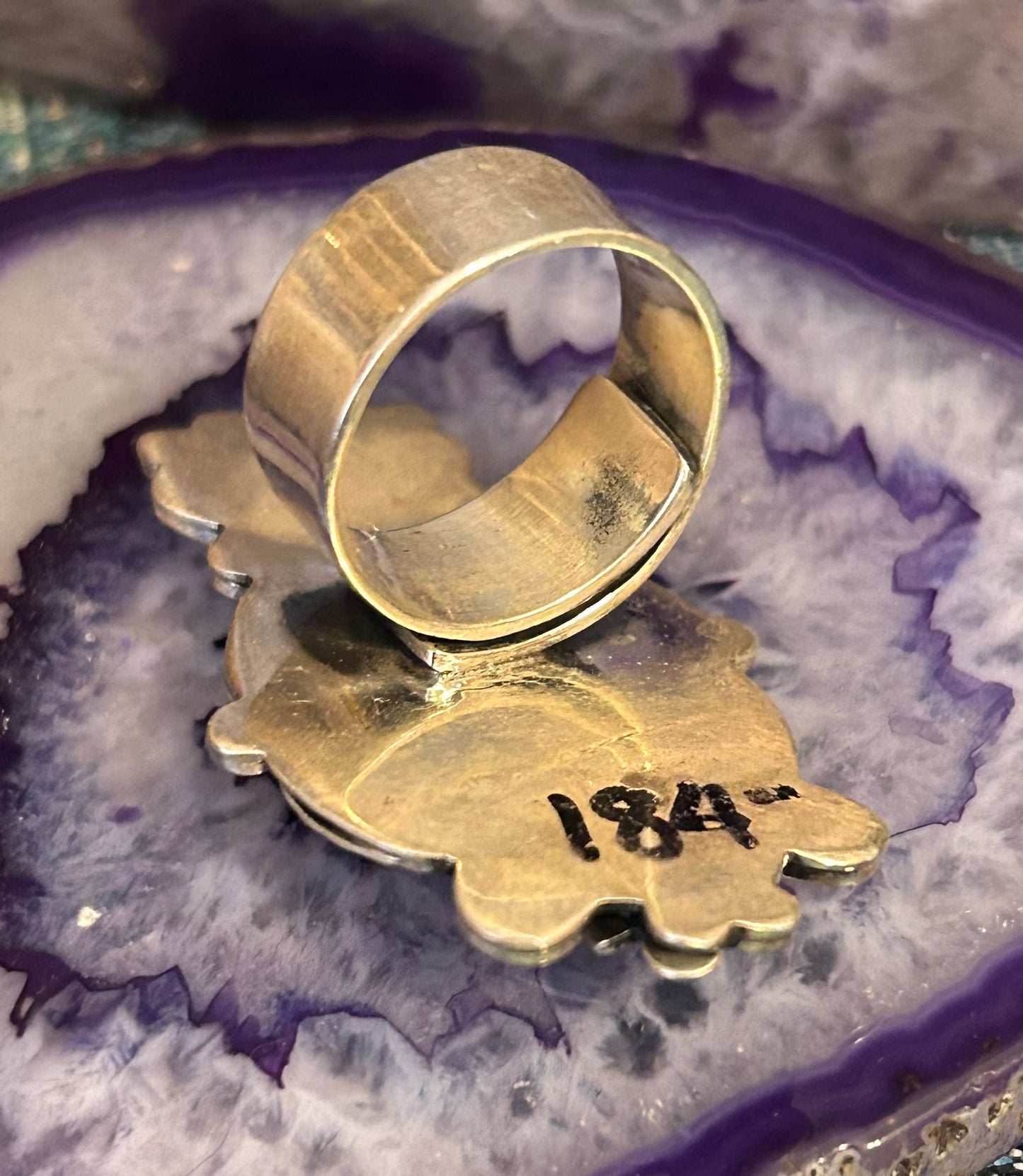 Sterling Silver Taxco Mexico Amethyst w/ Heart And Flower Adjustable Ring