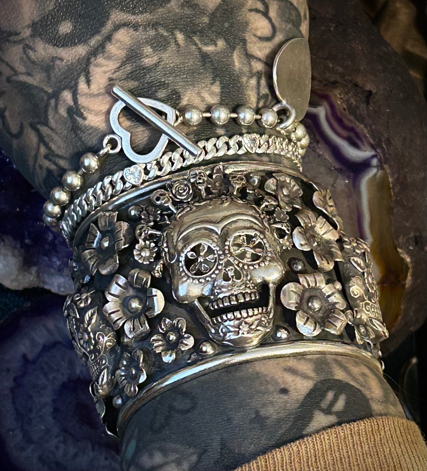 Sterling Silver Taxco Mexico Day Of The Dead Skull & Flower Large Cuff Bracelet