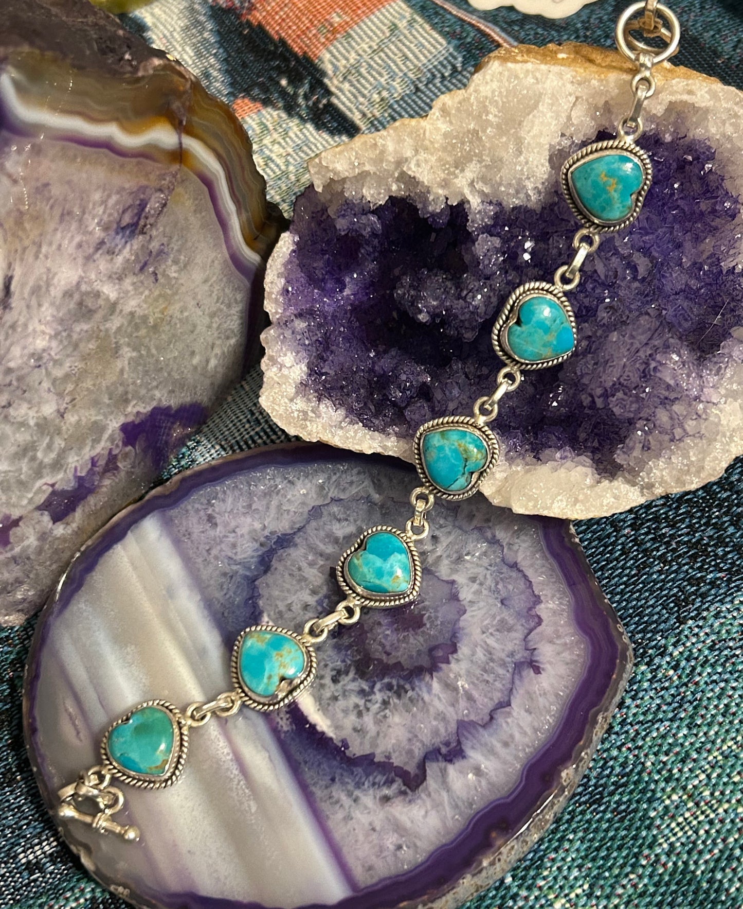 Sterling Silver & Turquoise Stone Heart Link Bracelet