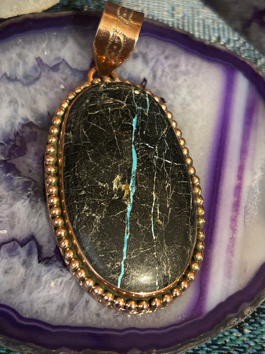 Pure Copper Pendant w/ Huge Blackjack Turquoise Pendant
