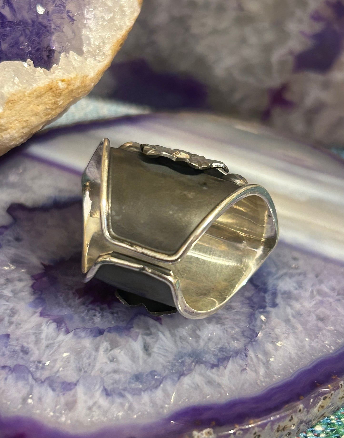 Sterling Silver Taxco Mexico Large Bumblebee Jasper & Flower Wide Ring 6.5-8.5