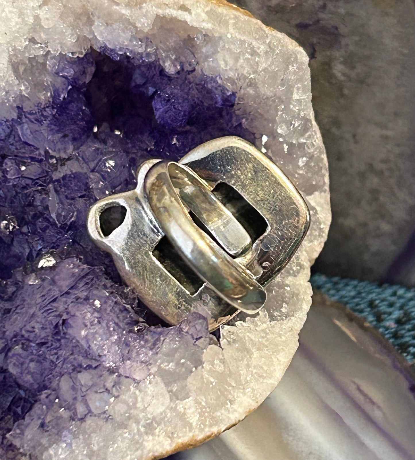Sterling Silver 925 Druzy, Smokey Quartz, And Labradorite Adjustable Ring