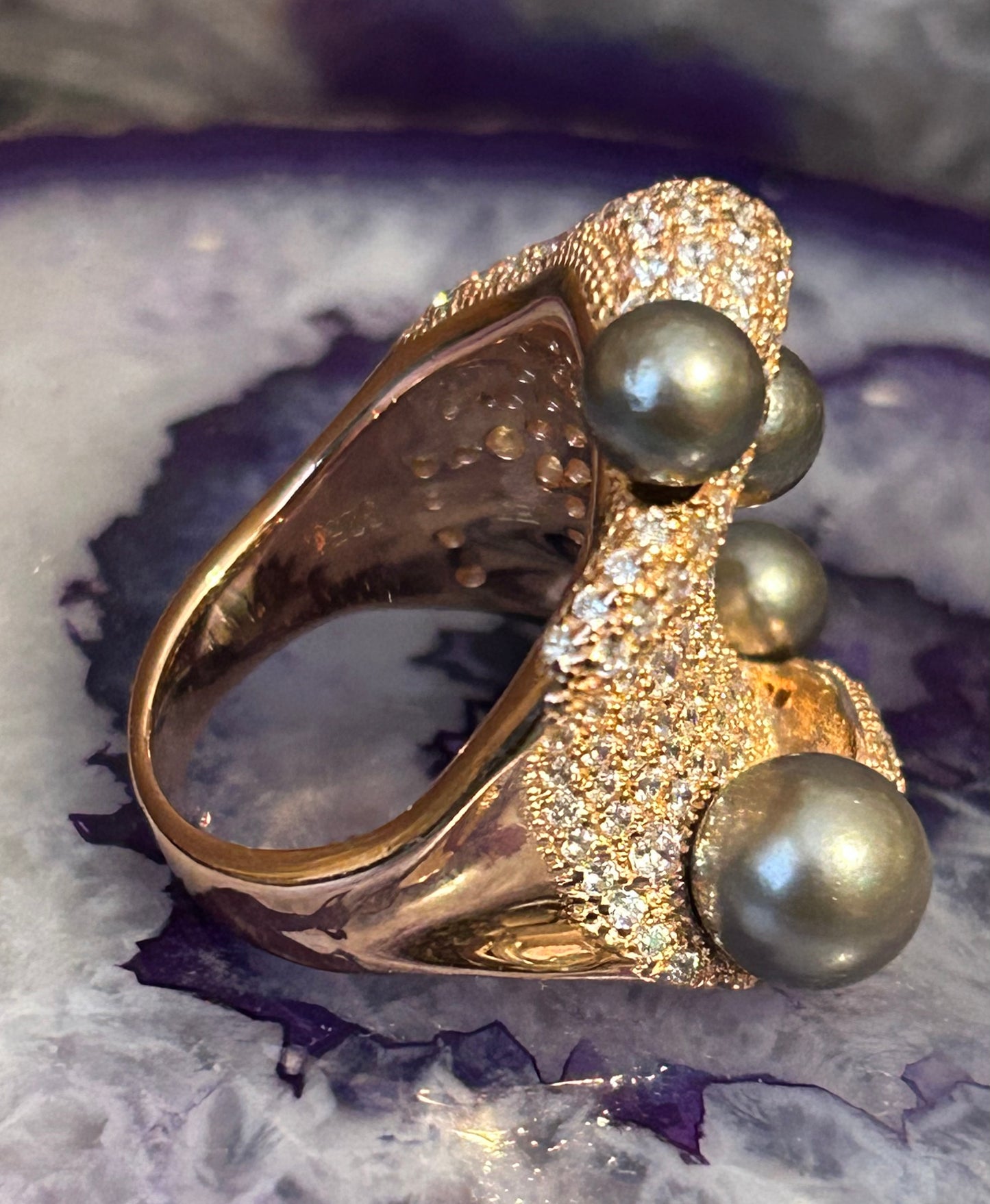 Rose Gold Over Sterling Silver Abstract Ring w/ Tahitian Pearls & Cz Ring Size 7