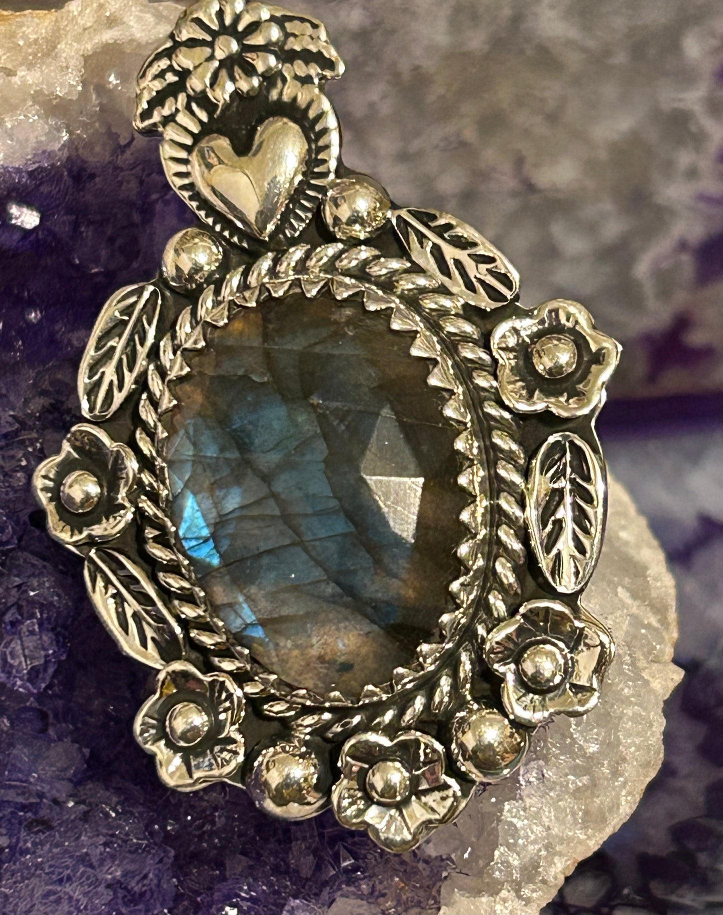 Sterling Silver Taxco Mexico Large Labradorite Flowers & Heart Statement Ring Adjustable