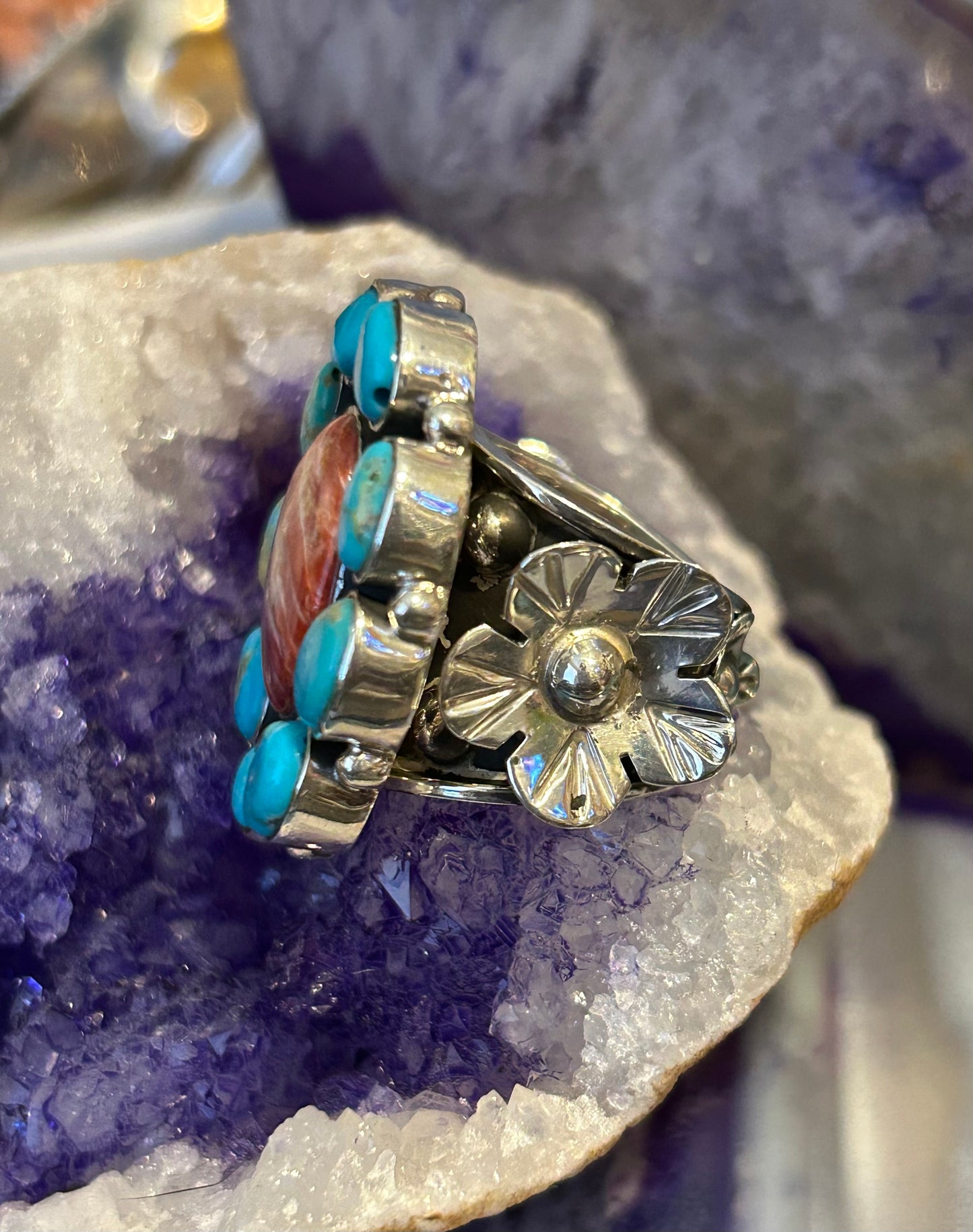 Sterling Silver Taxco Mexico Turquoise & Spiny Oyster W/ Flowers Statement Ring (6.25-8)