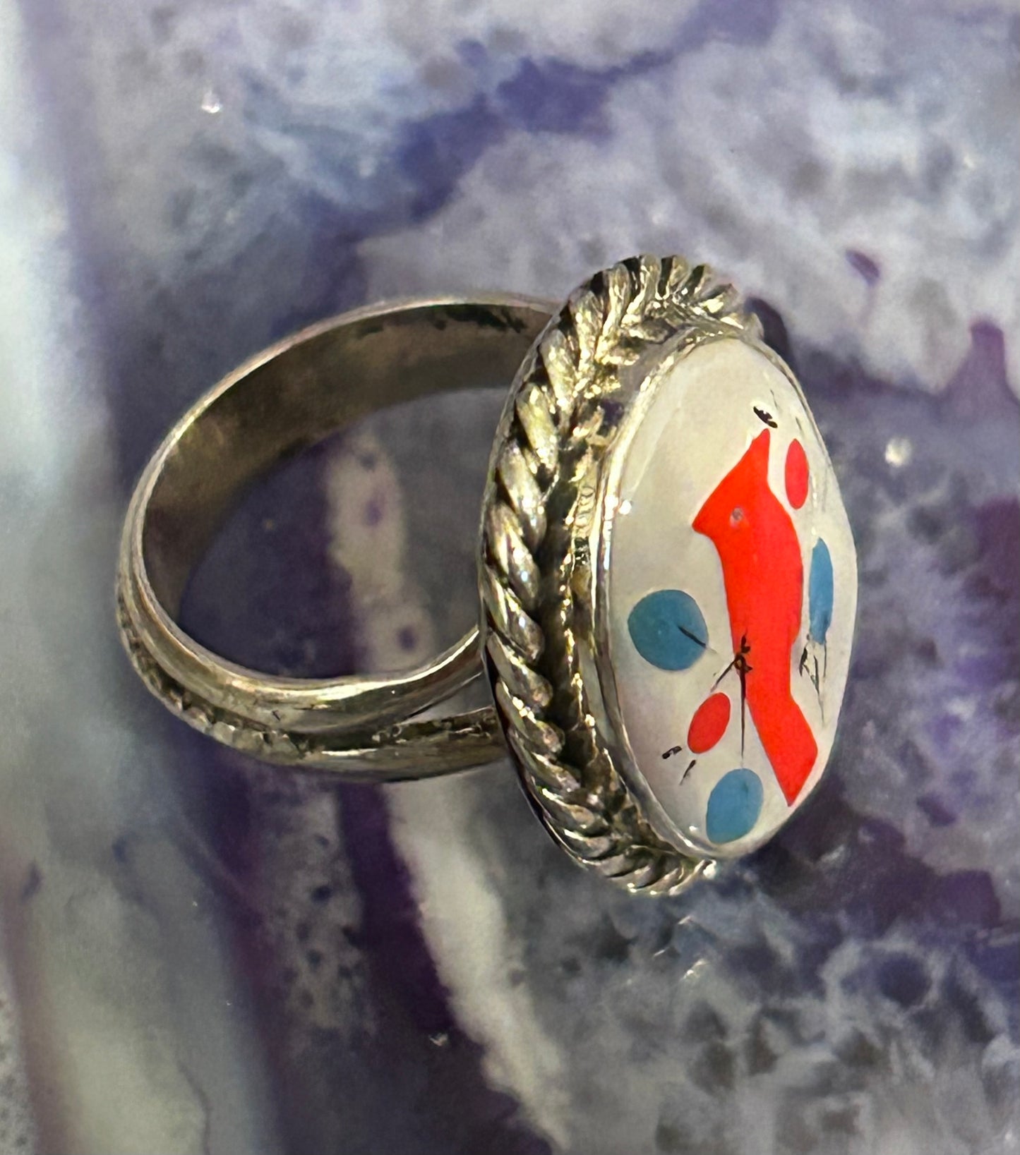 Sterling Silver Zuni Navajo Inlaid Cardinal Bird MOP Gemstone Ring Size 4