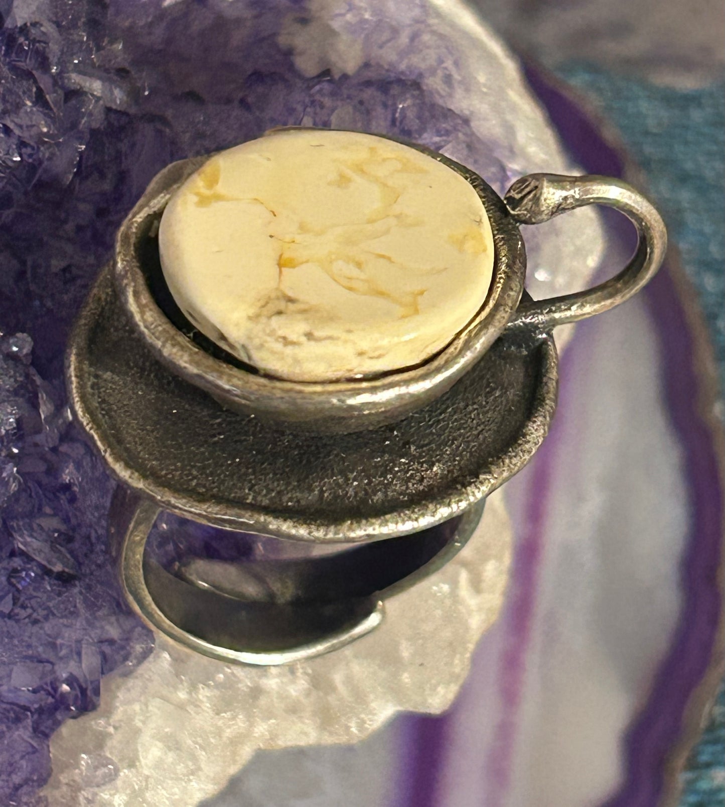 Sterling Silver And Butterscotch Amber Coffee Tea Cup Adjustable Ring
