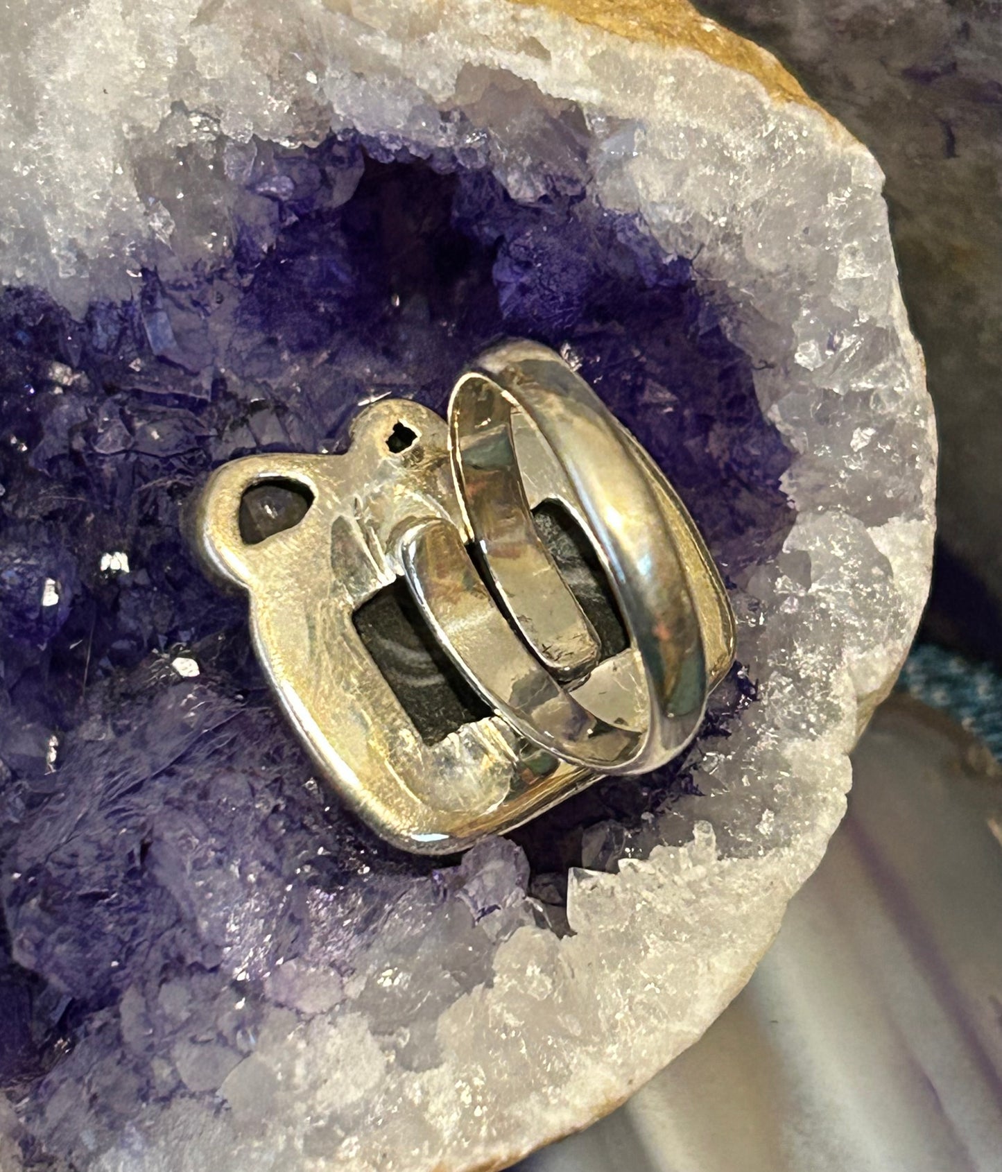 Sterling Silver 925 Druzy, Smokey Quartz, And Labradorite Adjustable Ring