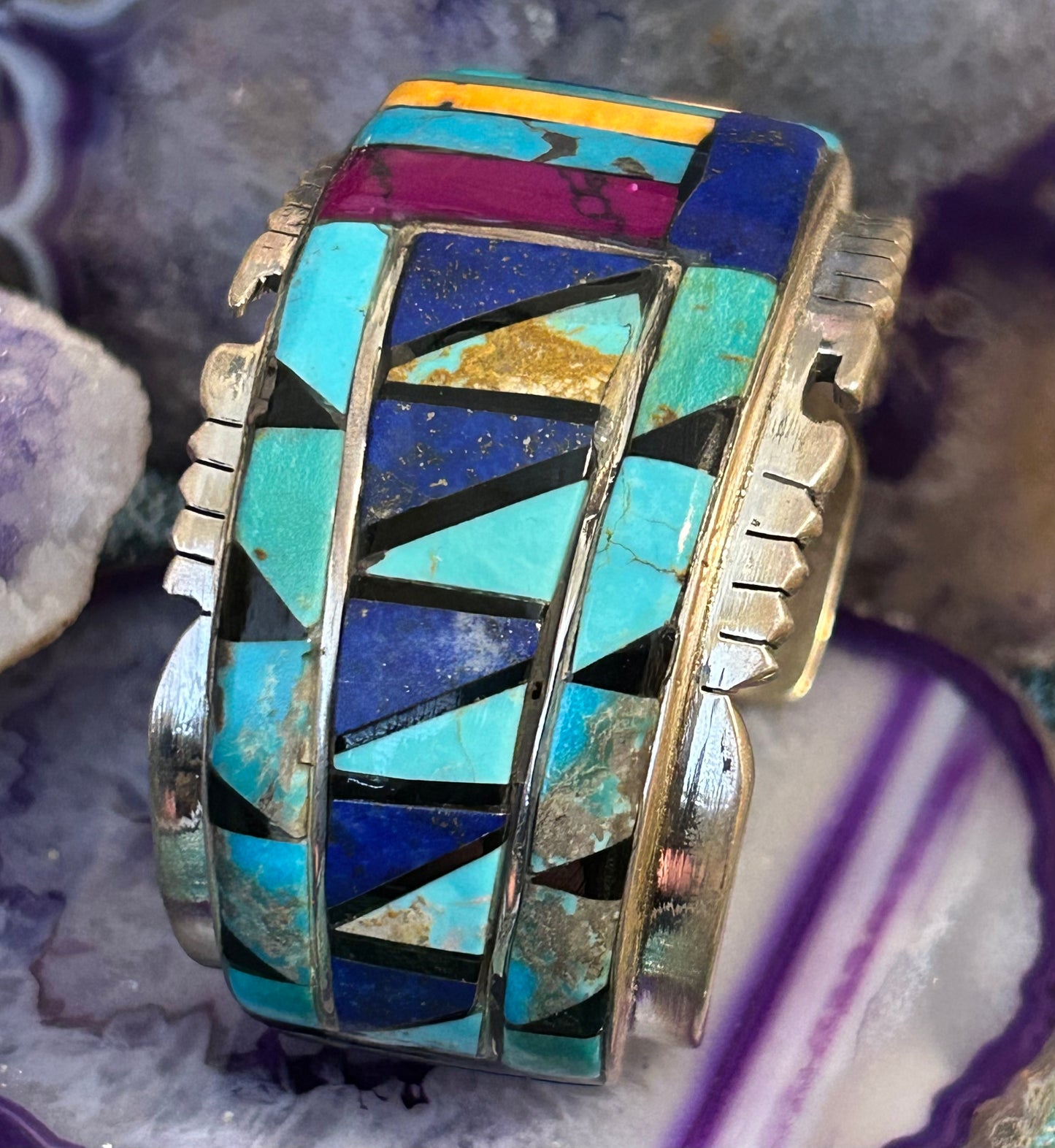 Sterling Silver Huge Multi-stone Inlay Statement Cuff Bracelet