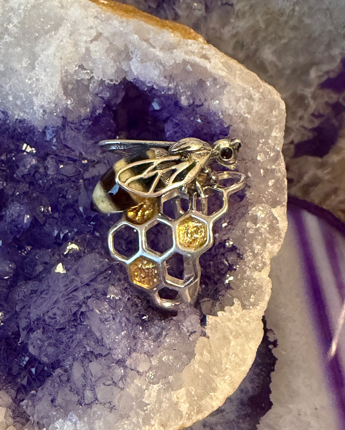 Sterling Silver & Genuine Amber Medium 3D Bee Adjustable Ring