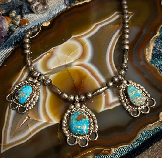 Sterling Silver Vintage Native American Turquoise and Bench Bead Choker Necklace