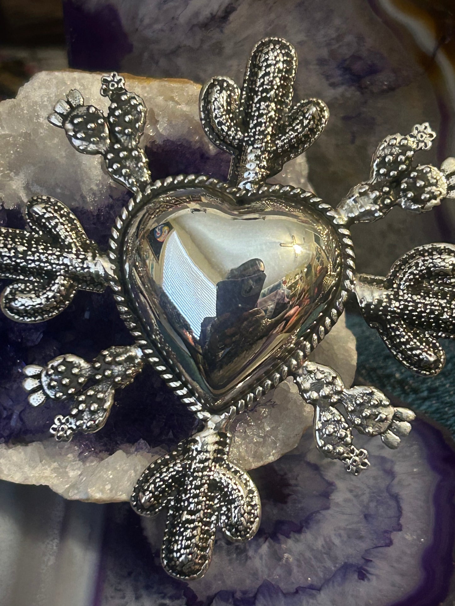 Sterling Silver Taxco Mexico Huge Statement Heart & Cactus Ring Adjustable