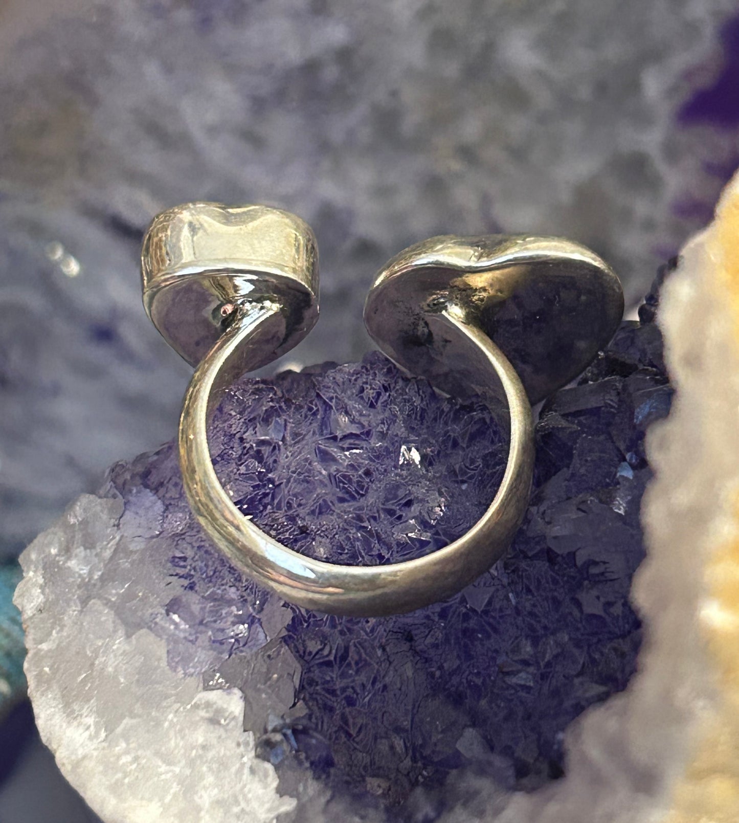 Sterling Silver Modern Taxco Mexico Purple Zircon & Puffy Heart Bypass Ring • 7-8.5