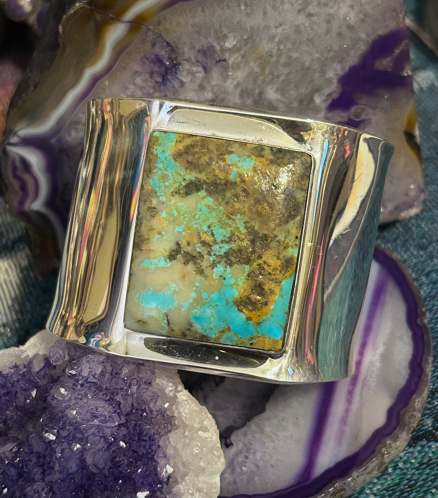 Sterling Silver Mexico Modernist Large Turquoise Statement Cuff Bracelet