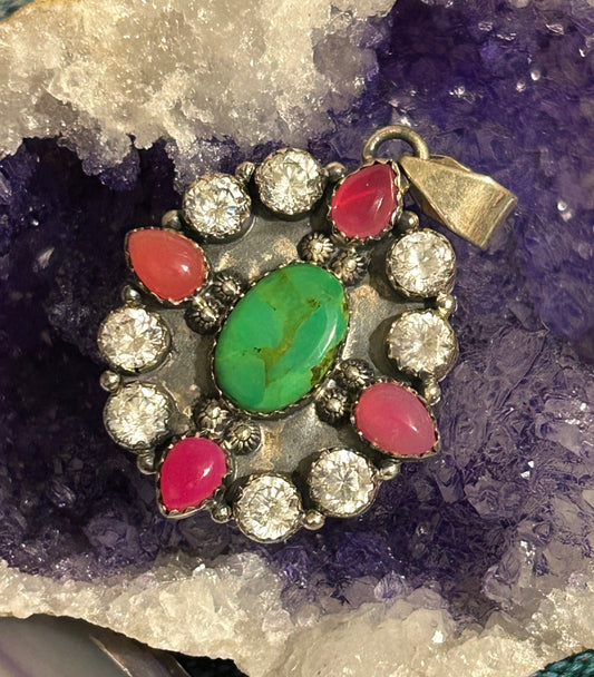 Sterling Silver Multi-Stone Pendant With Green Apple Turquoise, Ruby, & CZ