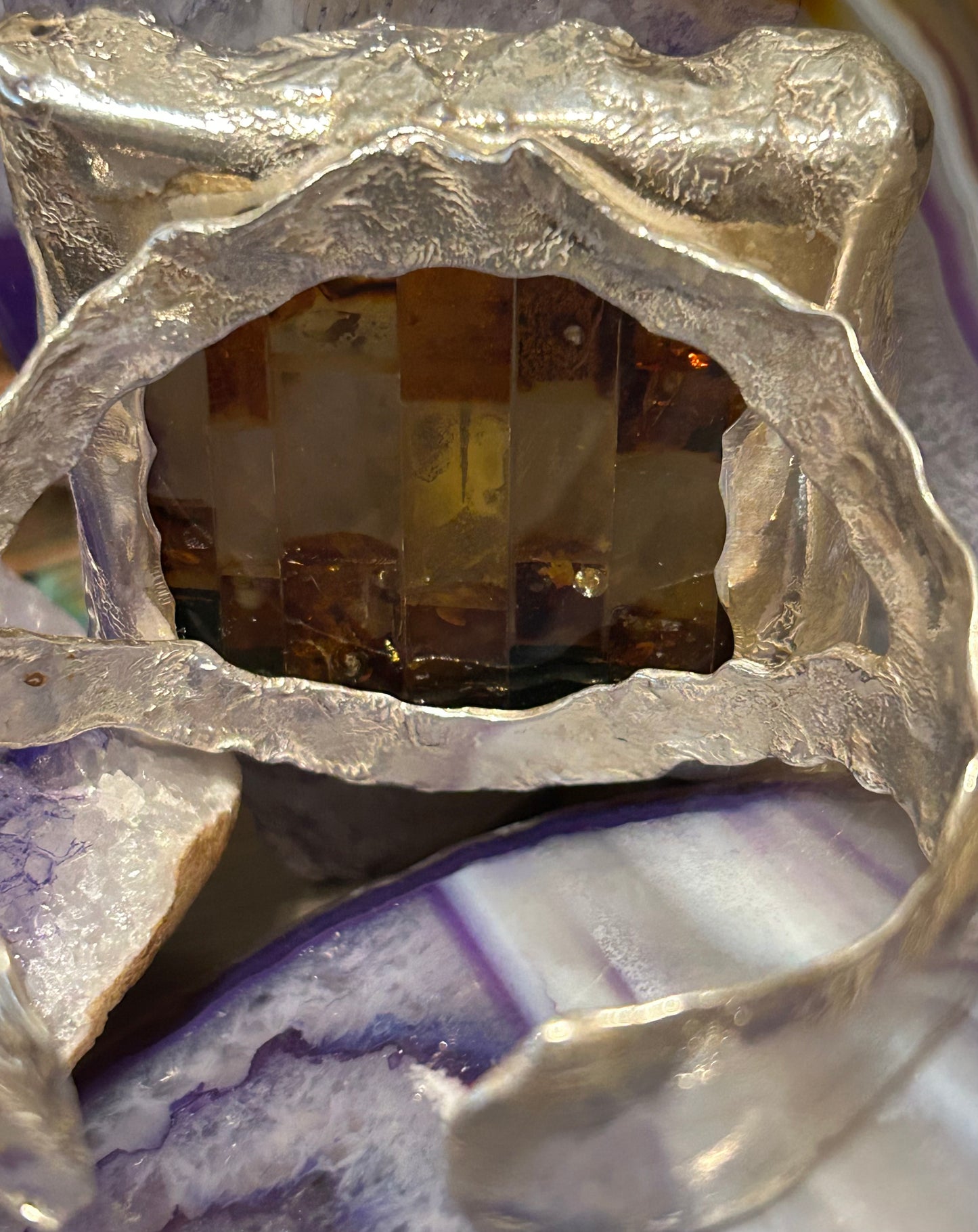 Sterling Silver & Mosaic Amber Huge Statement Cuff Bracelet