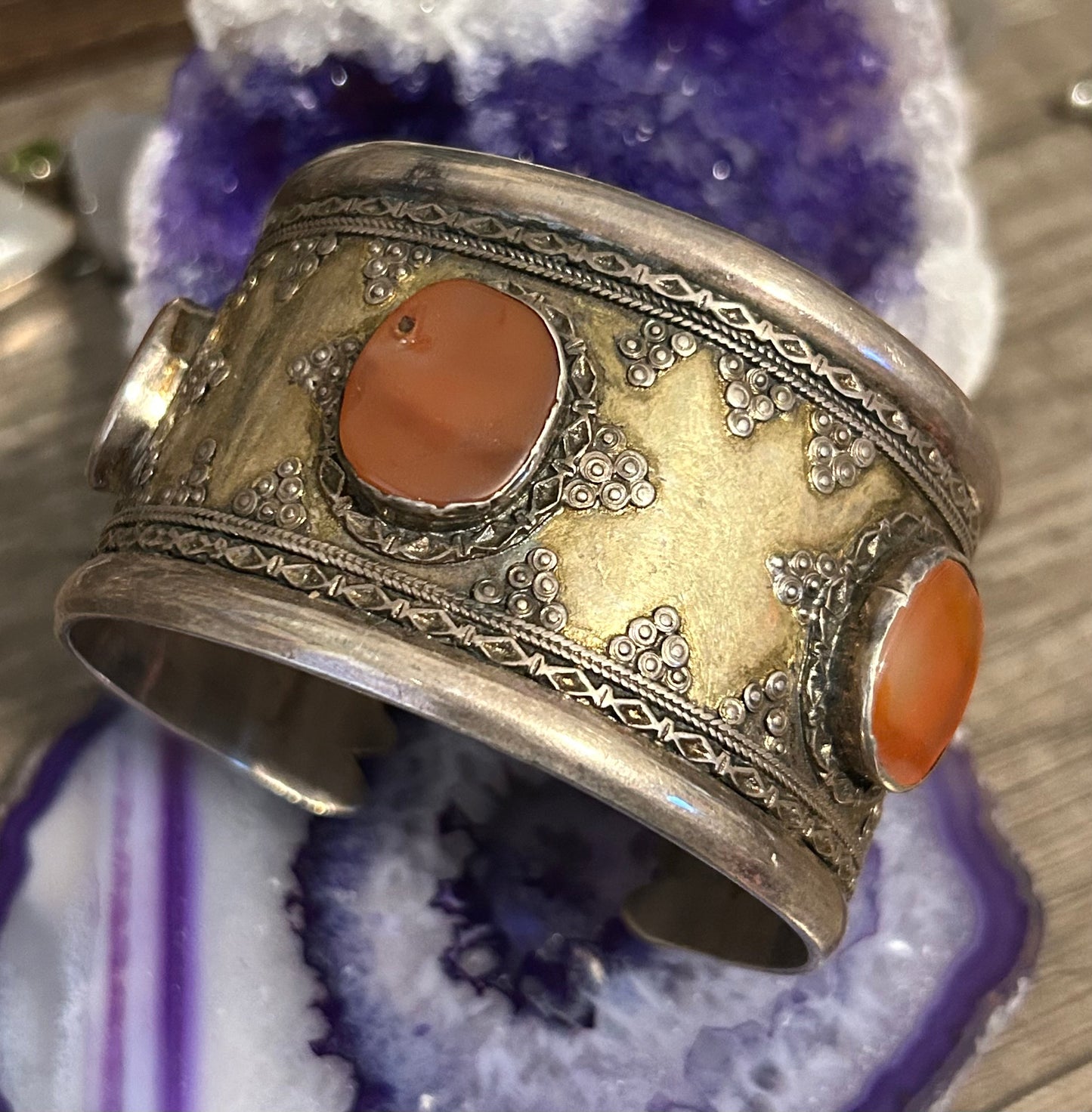 Antique Sterling Silver & Carnelian Turkish Cuff Bracelet