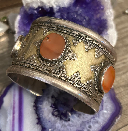 Antique Sterling Silver & Carnelian Turkish Cuff Bracelet