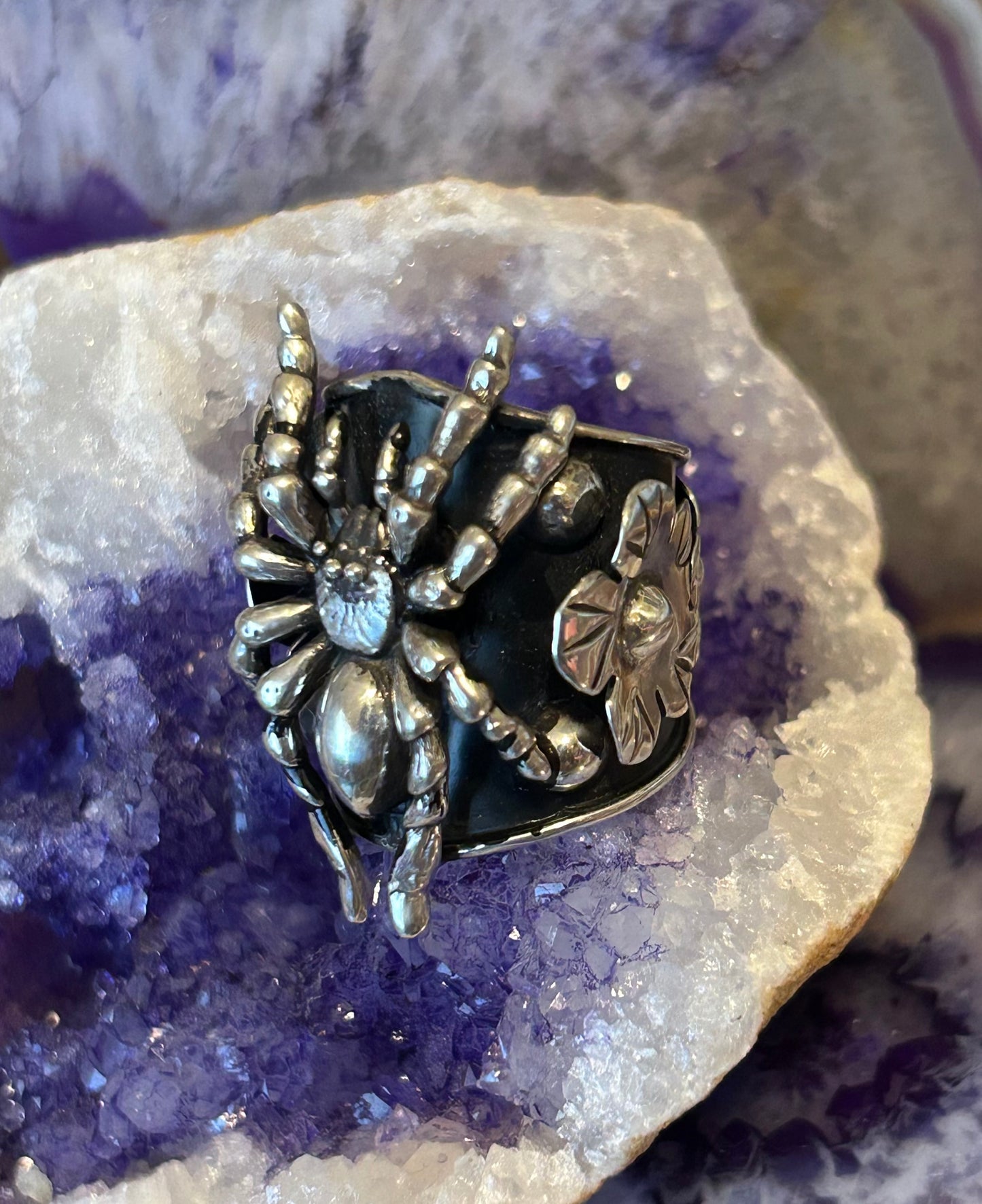 Taxco Mexico Sterling Silver Tarantula Spider & Flowers Statement Ring Size 7-9