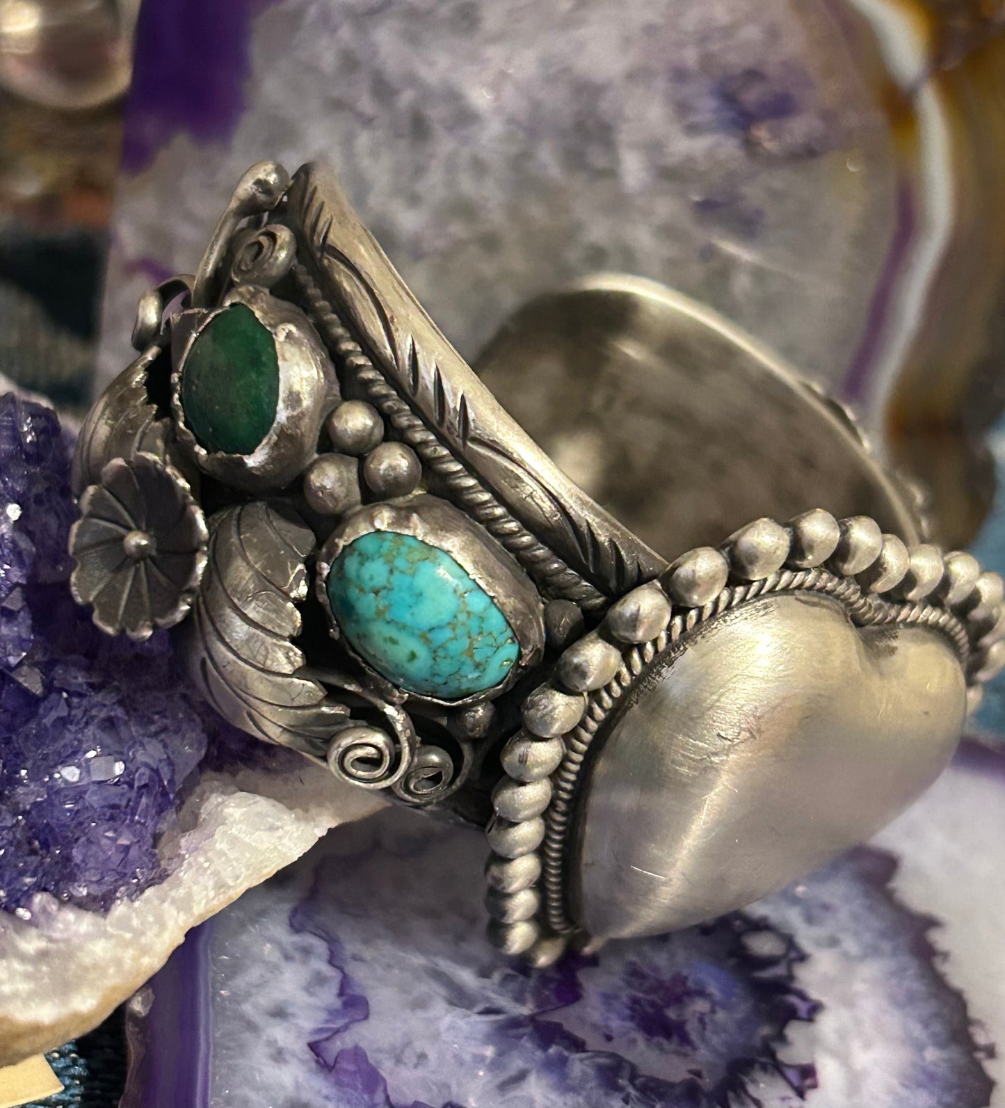 GuzFurbished Sterling Silver Heart & Turquoise Cuff Bracelet