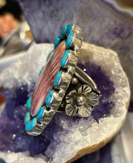 Sterling Silver Taxco Mexico Turquoise & Huge Statement Spiny Oyster W/ Flowers Ring