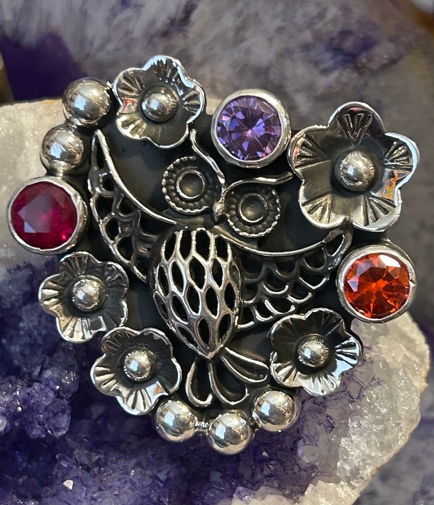 Sterling Silver Taxco Mexico Huge Statement Owl & Gemstone Adjustable Ring