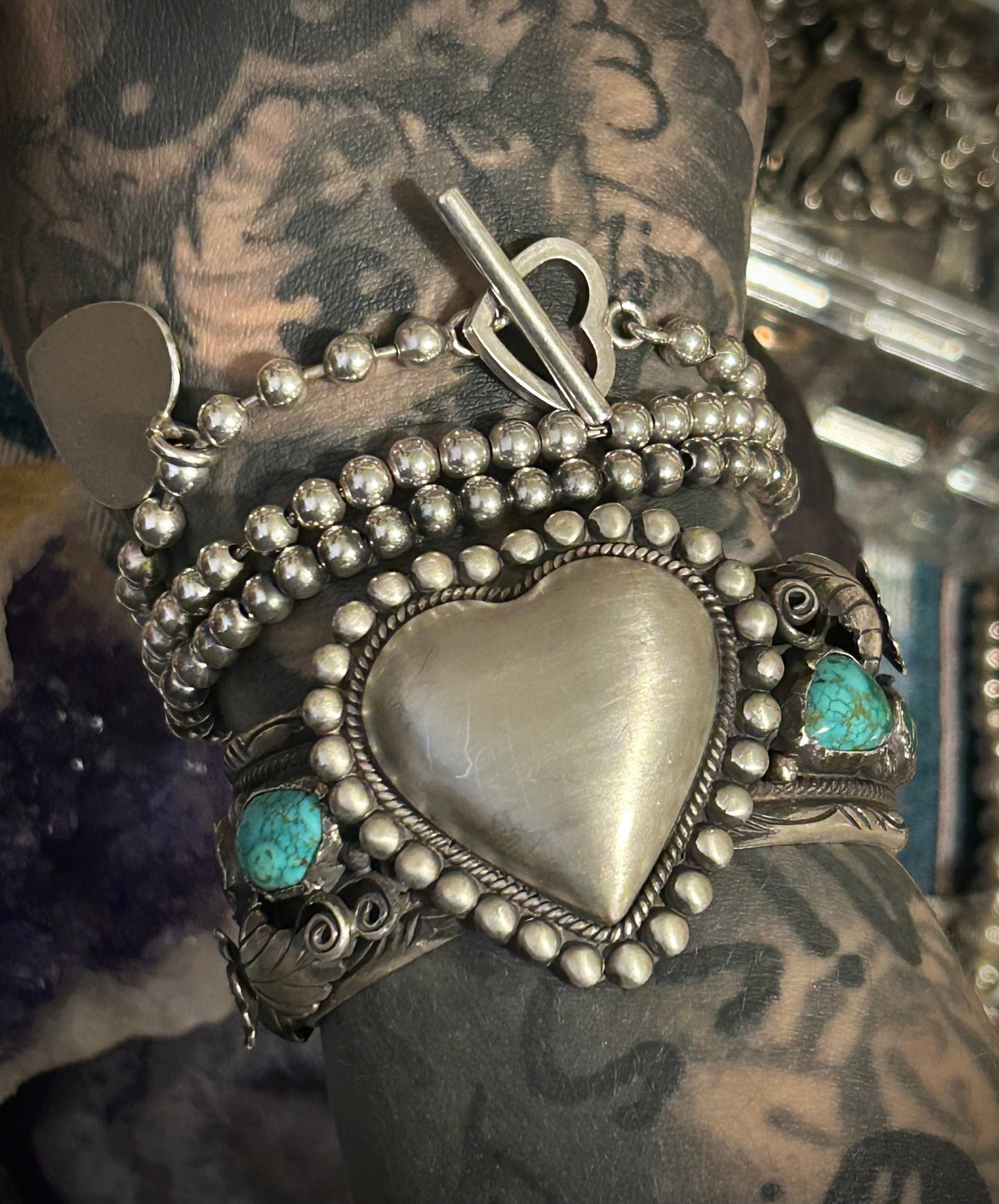GuzFurbished Sterling Silver Heart & Turquoise Cuff Bracelet