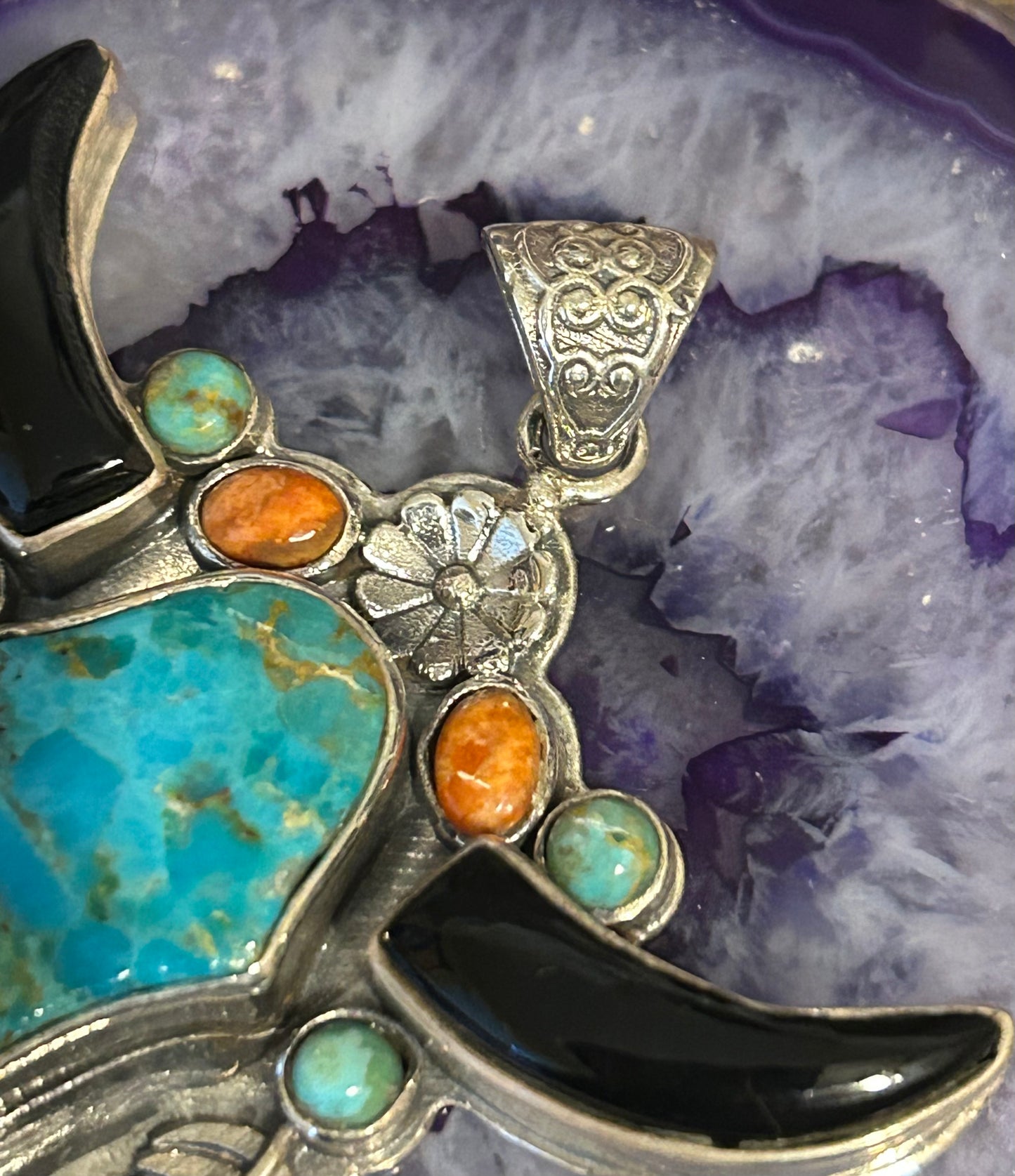 Sterling Silver Turquoise Multistone Longhorn Bull Pendant