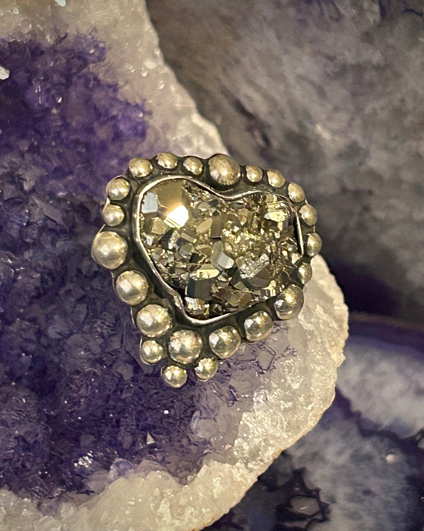 Sterling Silver Modern Taxco Mexico Pyrite Heart w/ Balls Adjustable Ring
