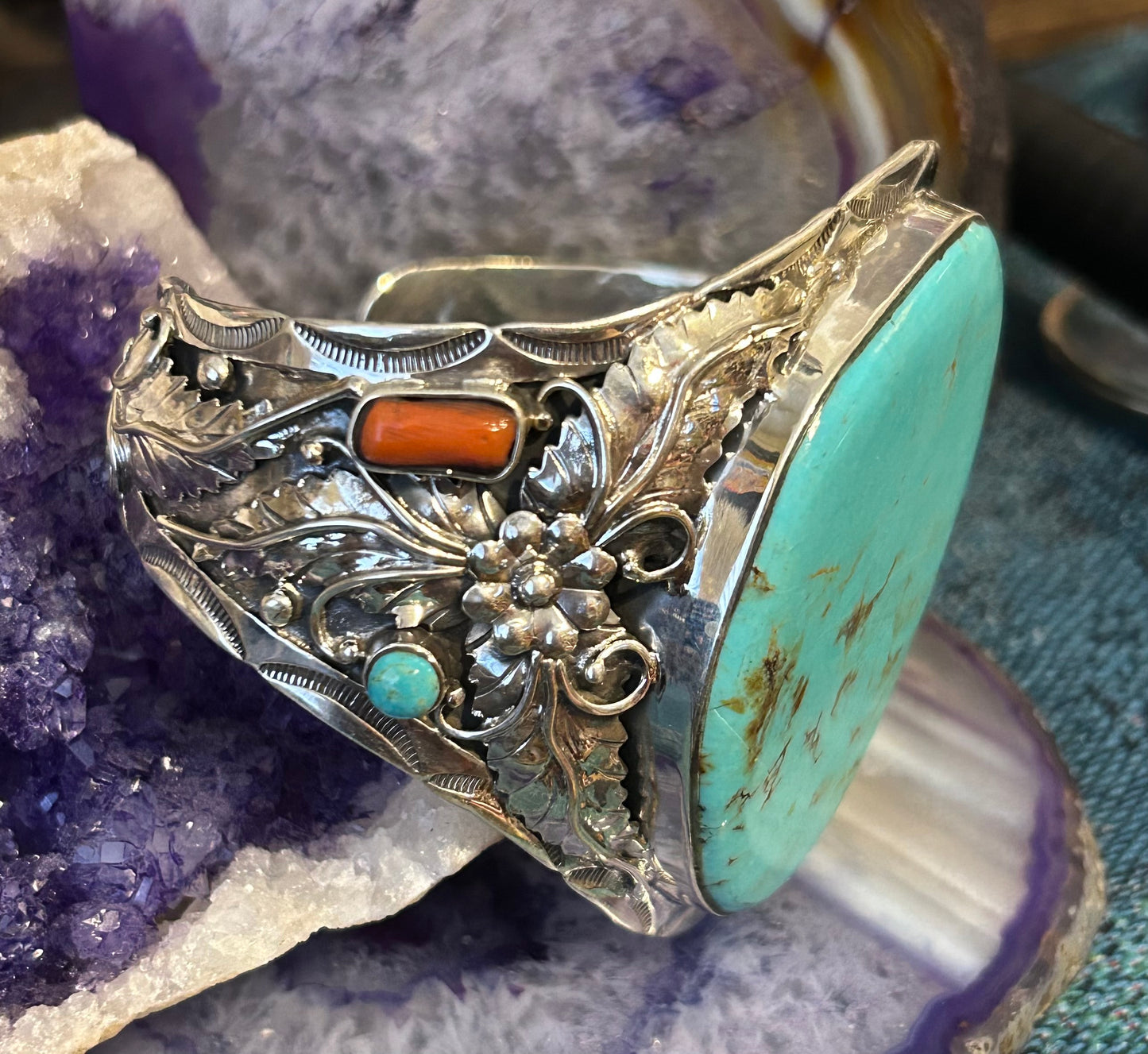 Sterling Silver Southwestern Large Turquoise & Coral Statement Cuff Bracelet