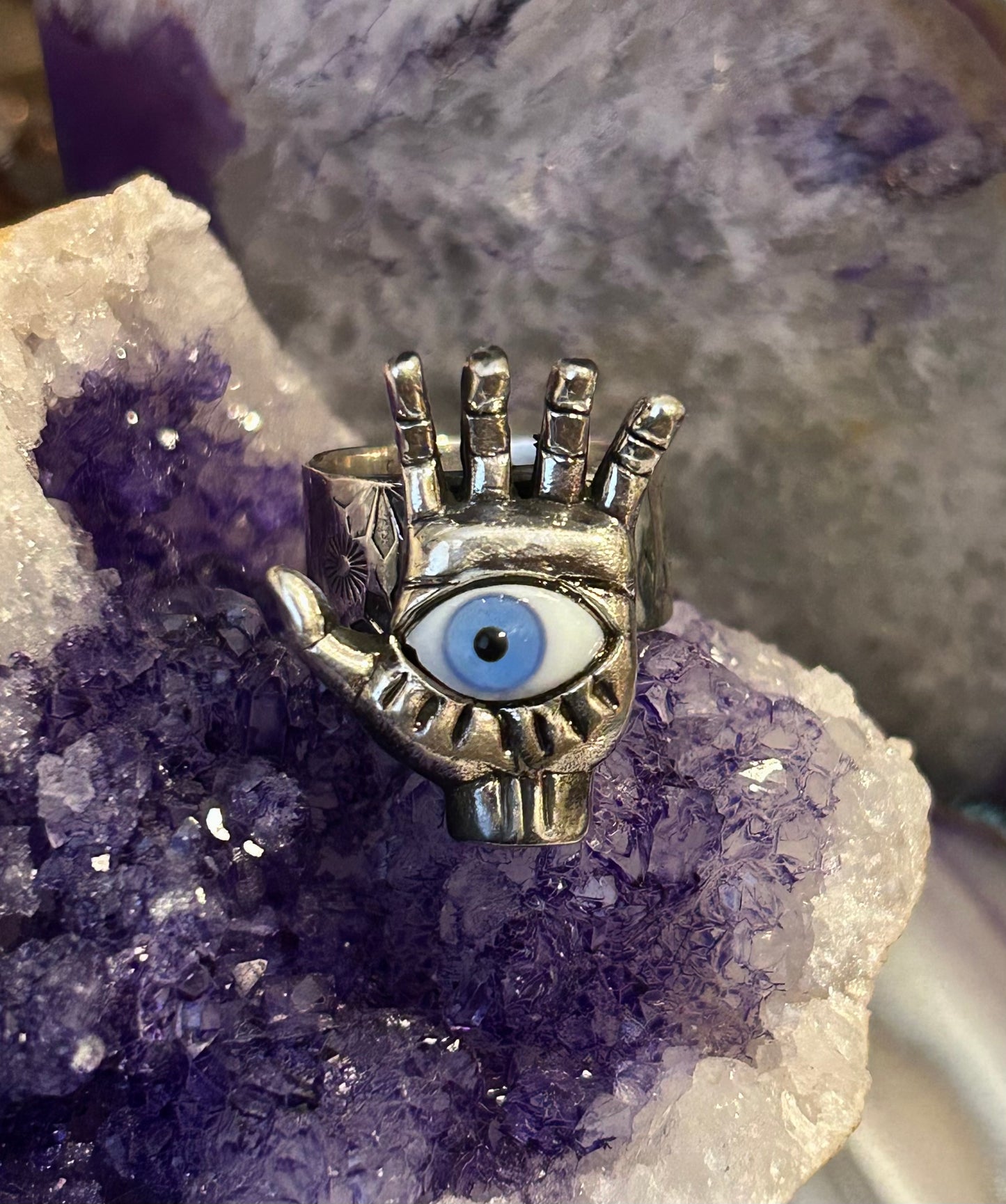 Sterling Silver Taxco Mexico Eye Hand of Protection Oddities Ring • Adjustable