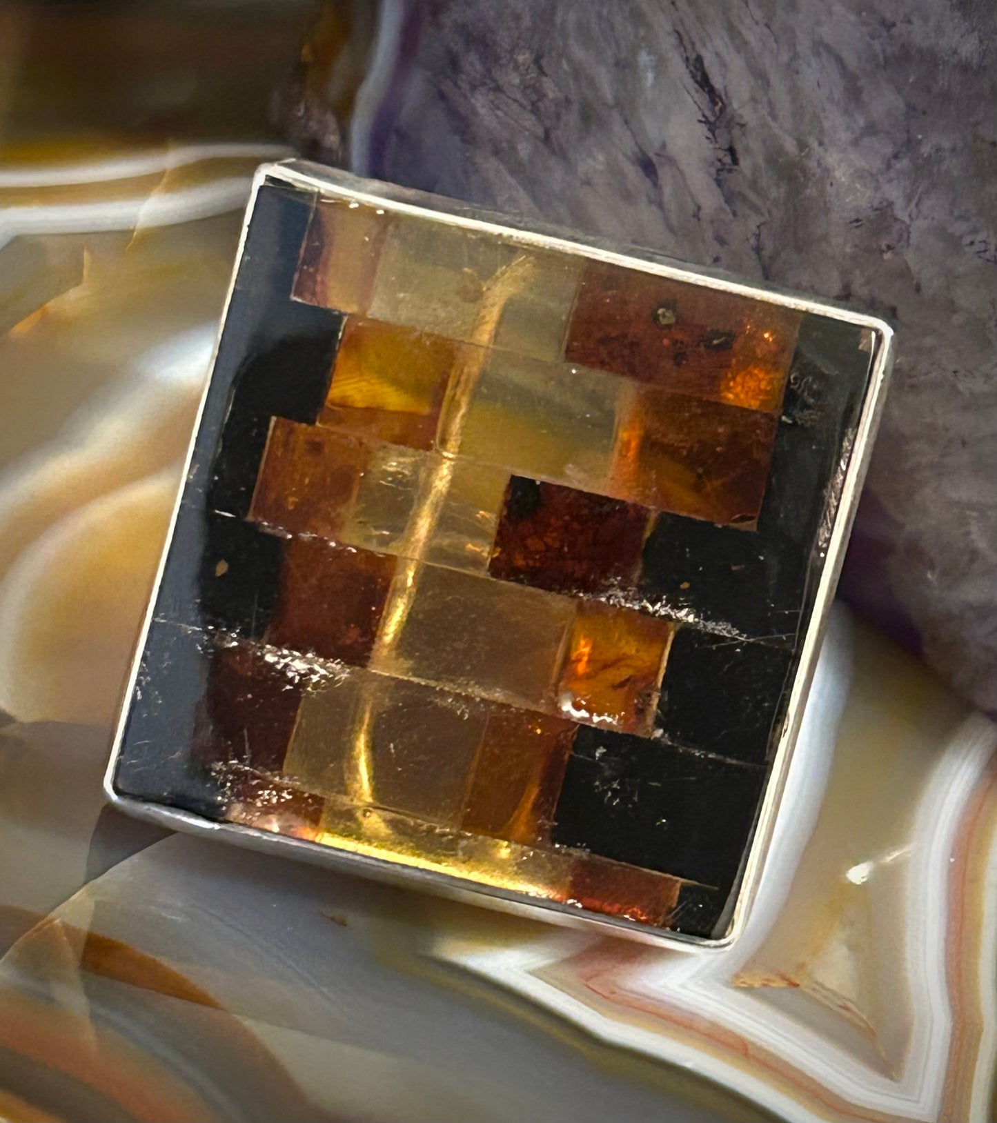 Sterling Silver & Genuine Amber Square Statement Ring • Adjustable