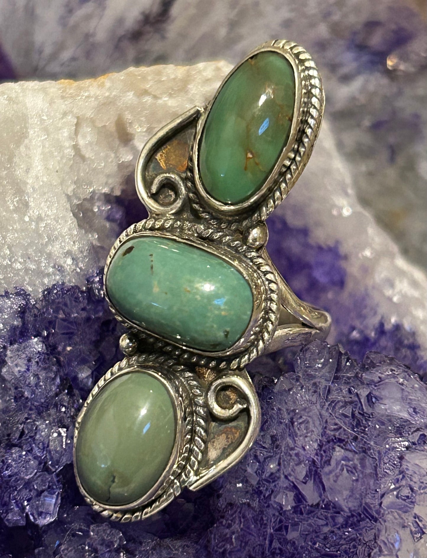 Sterling Silver Triple Stone Roysten Turquoise Ring Size 7