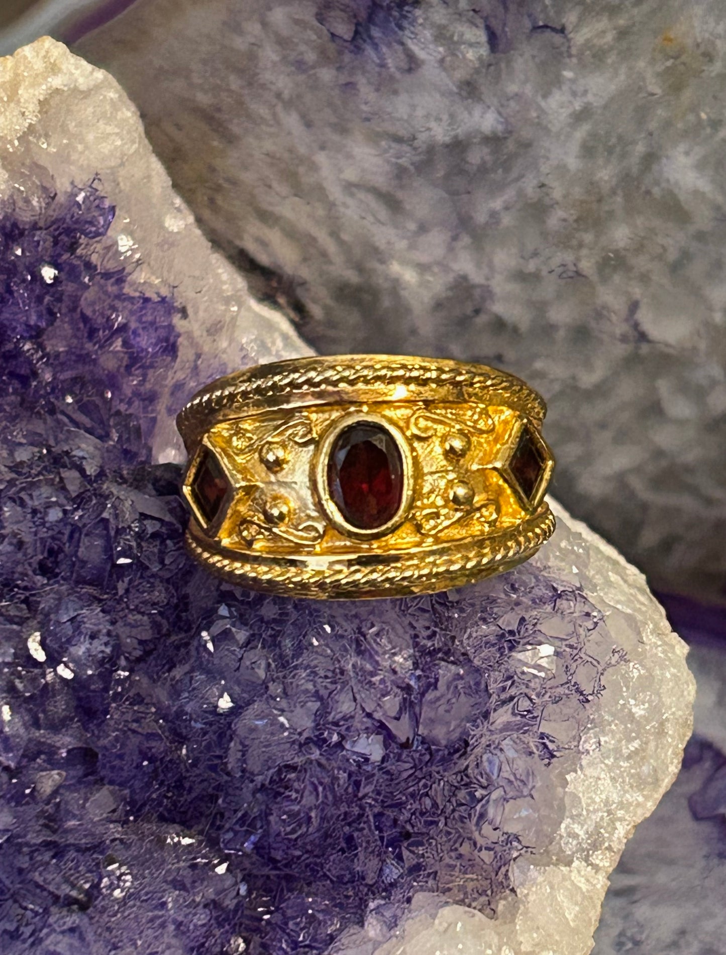 Vintage Sterling Silver Gold Vermeil Byzantine Style Ring • Size 8