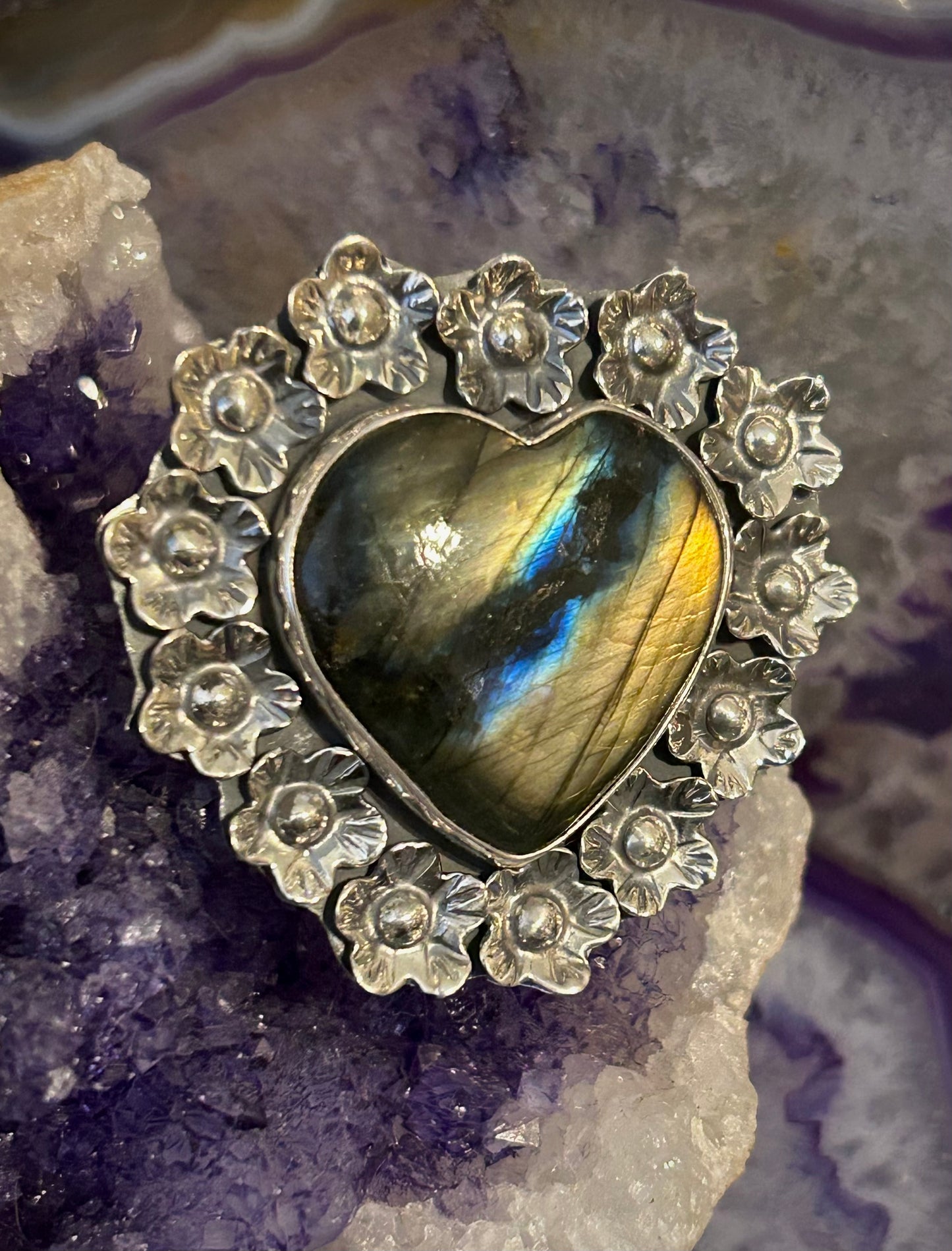 Sterling Silver Taxco Mexico Labradorite Stone Heart Ring w/ Flowers
