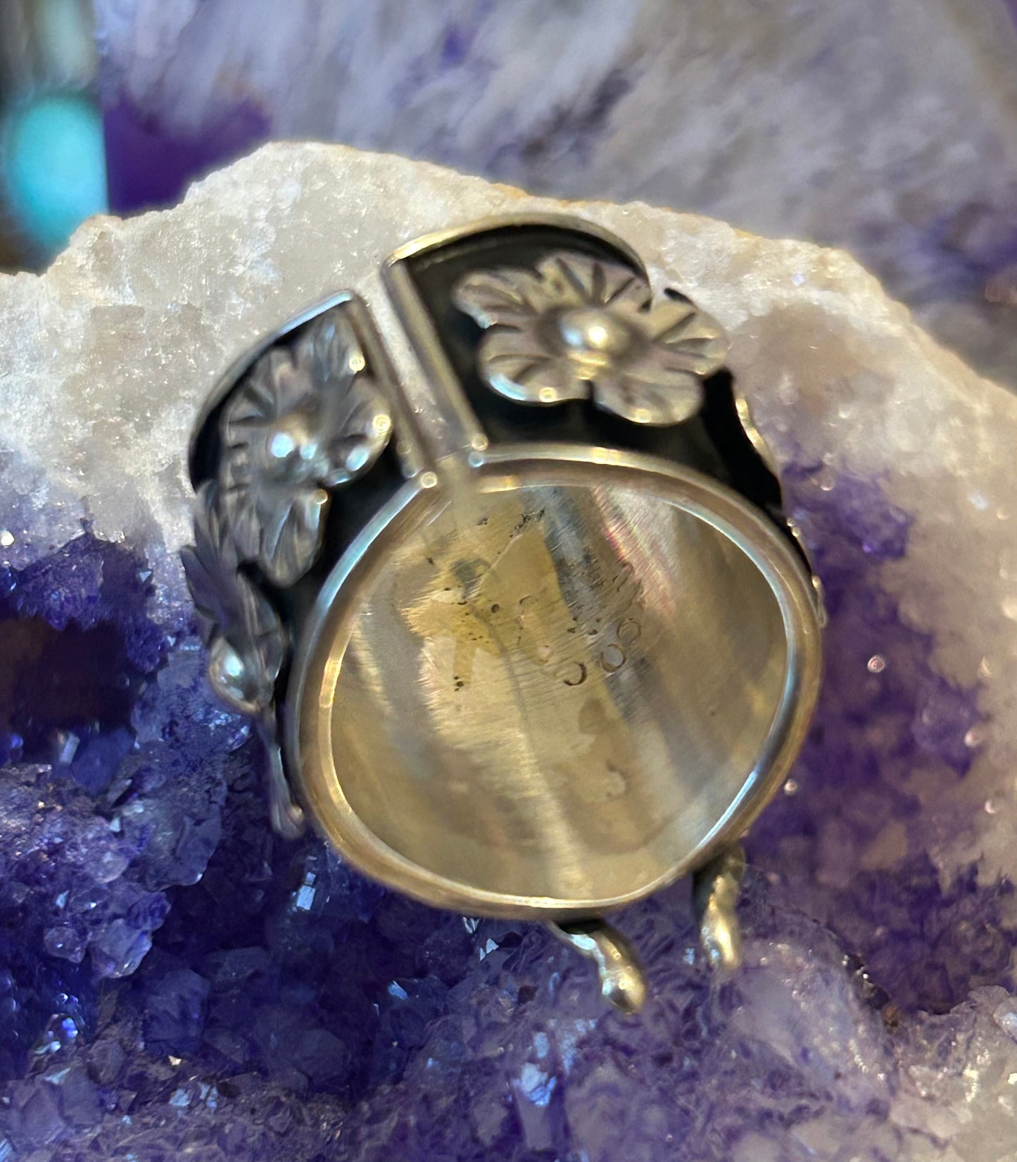 Taxco Mexico Sterling Silver Tarantula Spider & Flowers Statement Ring Size 7-9