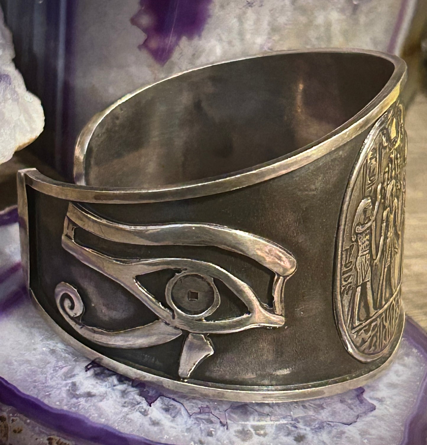 Sterling Silver Egyptian Crowning Of King Tut W/ Eye Of Horus Cuff Bracelet