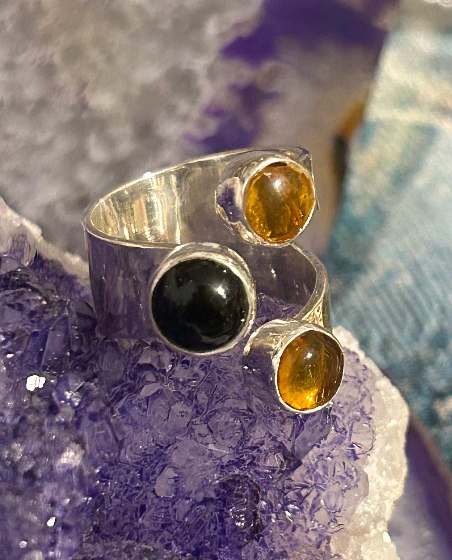 Sterling Silver Made In Taxco Mexico Bypass Ring With Onyx And Amber Size 7-8