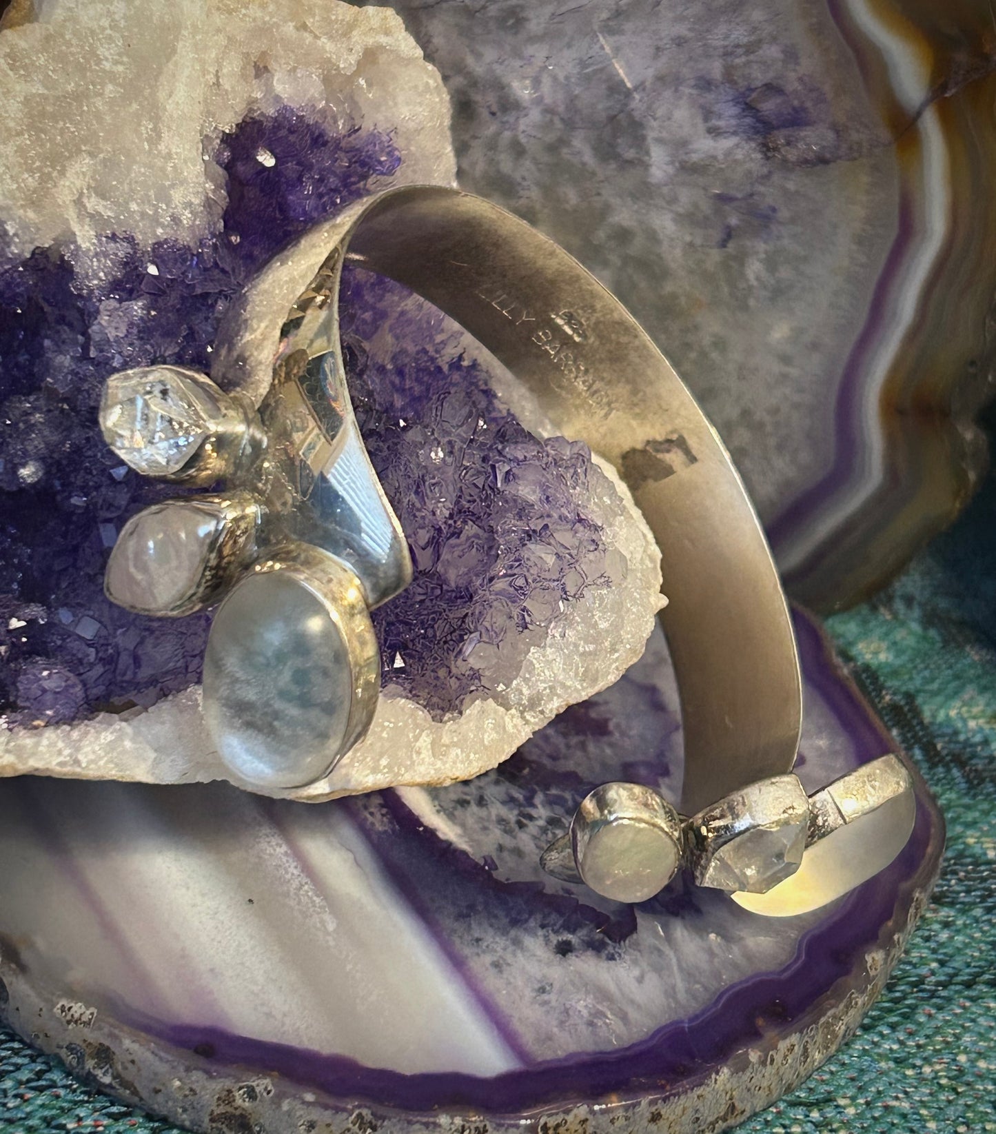 Lilly Barrack Sterling Silver gemstone bypass cuff bracelet w/ MOP & Quartz