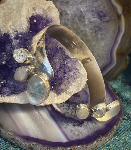 Lilly Barrack Sterling Silver gemstone bypass cuff bracelet w/ MOP & Quartz