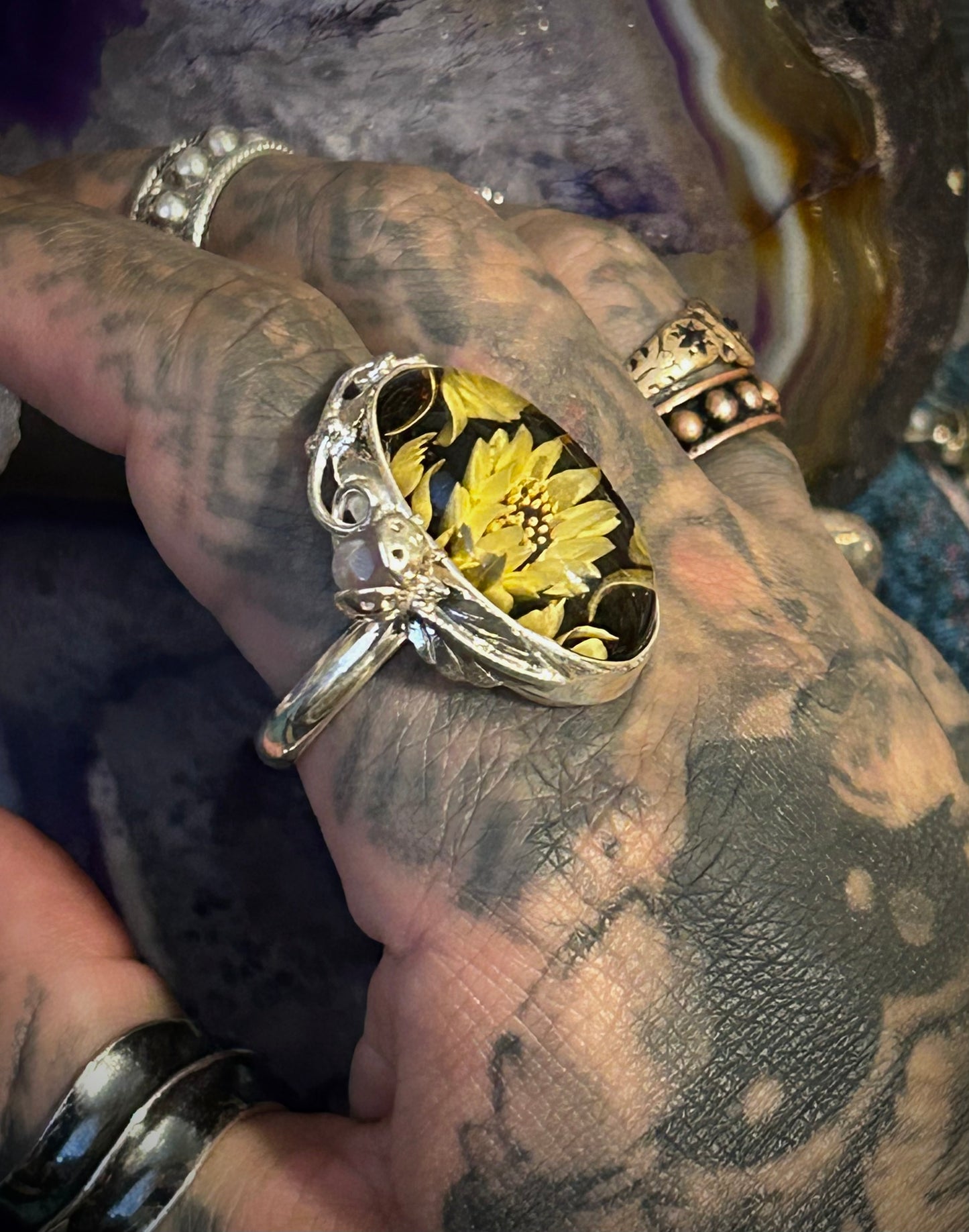 Sterling Silver Carved Amber Ring With Flowers & Amethyst Lady Bug • Adjustable