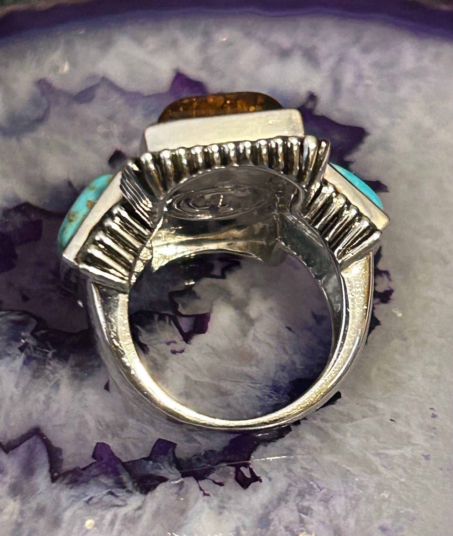 Sterling Silver Chunky Baltic Amber & Kingman Turquoise Ring Size 5