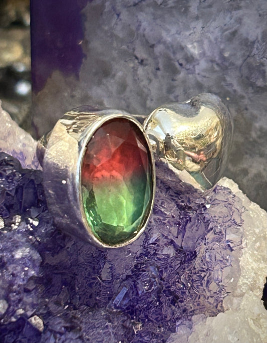 Sterling Silver Taxco Mexico Watermelon Tourmaline & Puffy Heart bypass Ring