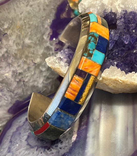 Native American Sterling Silver Multi Stone Inlay Cuff Bracelet Signed “C”