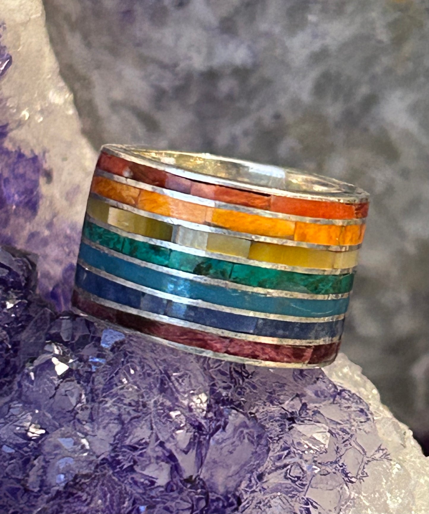 Sterling Silver Rainbow Color Stone Inlay Thick Wide Band Ring Size 4