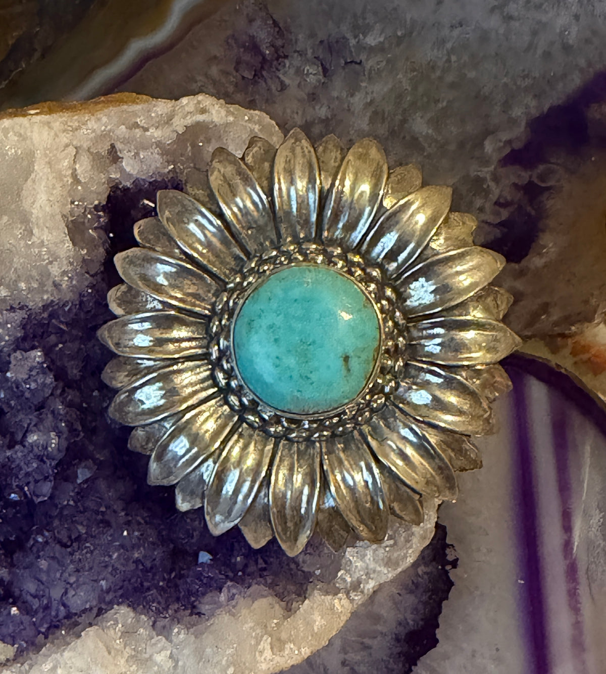 Designer SOM’S Sterling Silver Large Sunflower & Turquoise Statement Ring