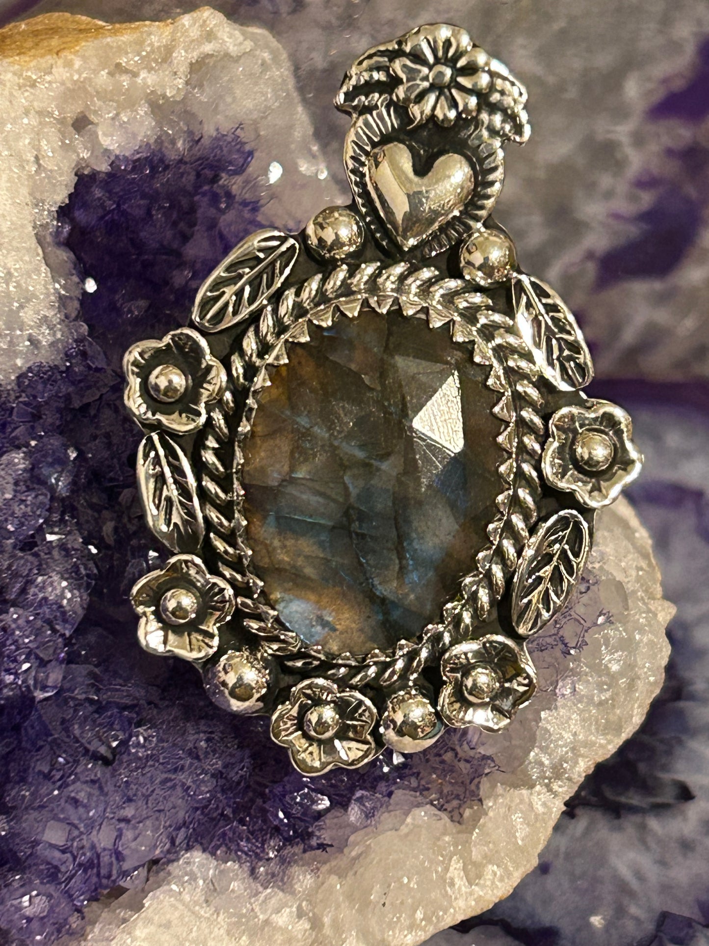 Sterling Silver Taxco Mexico Large Labradorite Flowers & Heart Statement Ring Adjustable