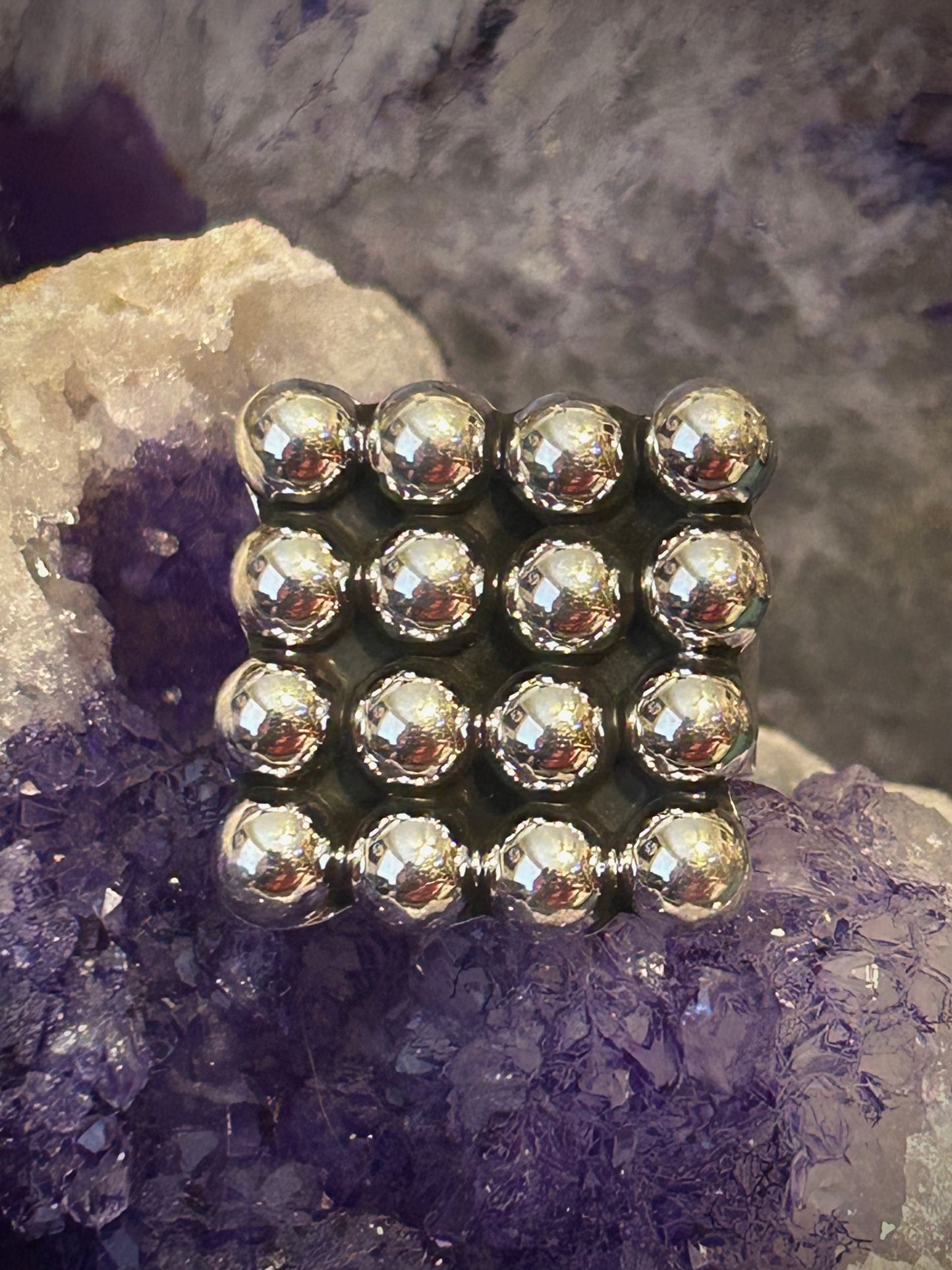 Sterling Silver Taxco Mexico Large Square Balls Modernist Ring Adjustable