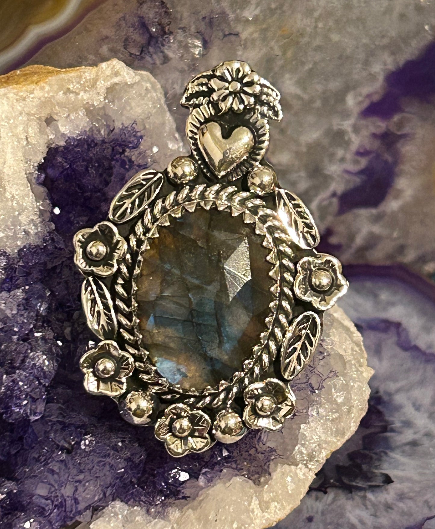 Sterling Silver Taxco Mexico Large Labradorite Flowers & Heart Statement Ring Adjustable