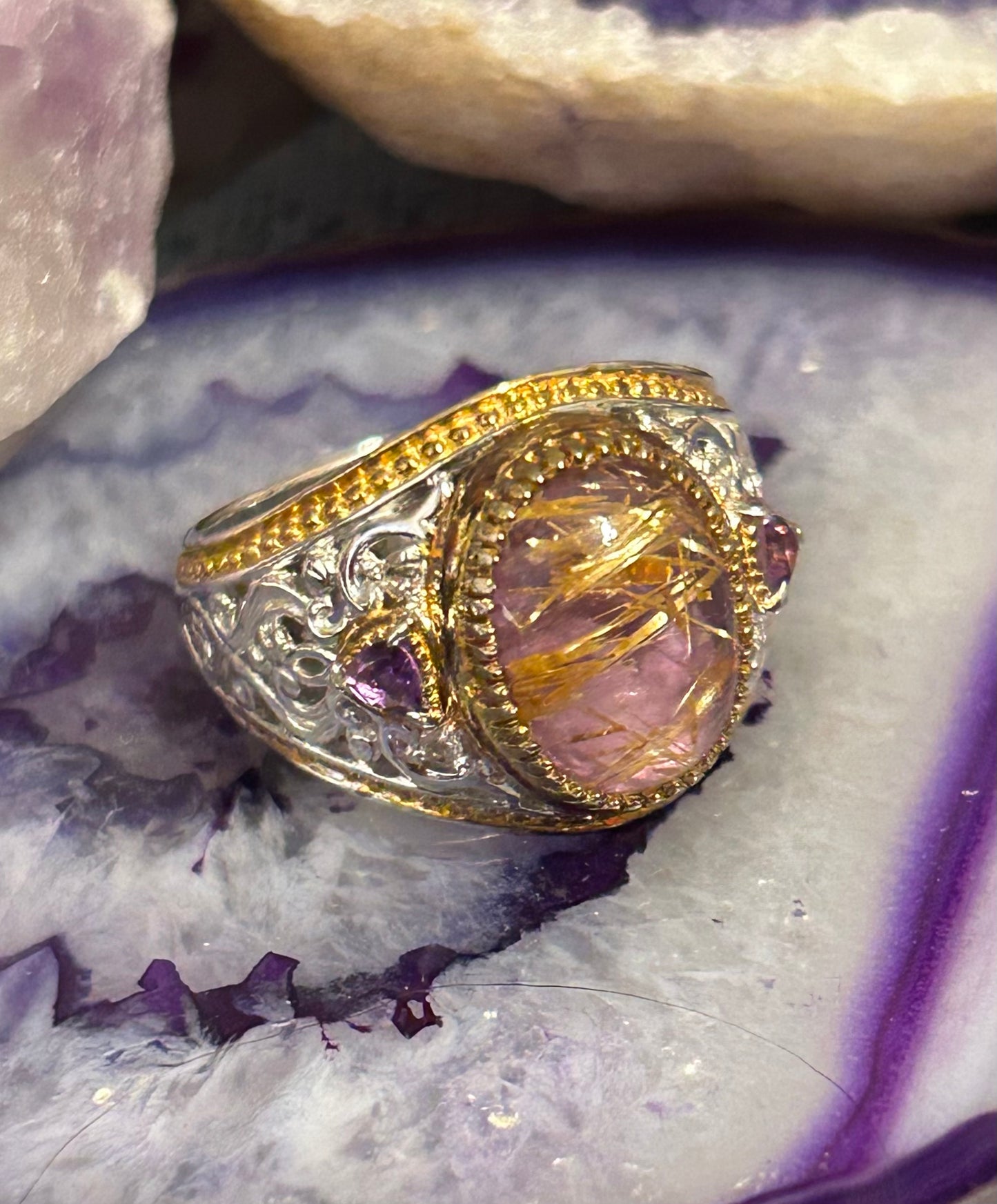 Sterling Silver NH Designer Purple Golden Rutilated Quartz & Amethyst Ring Size 11